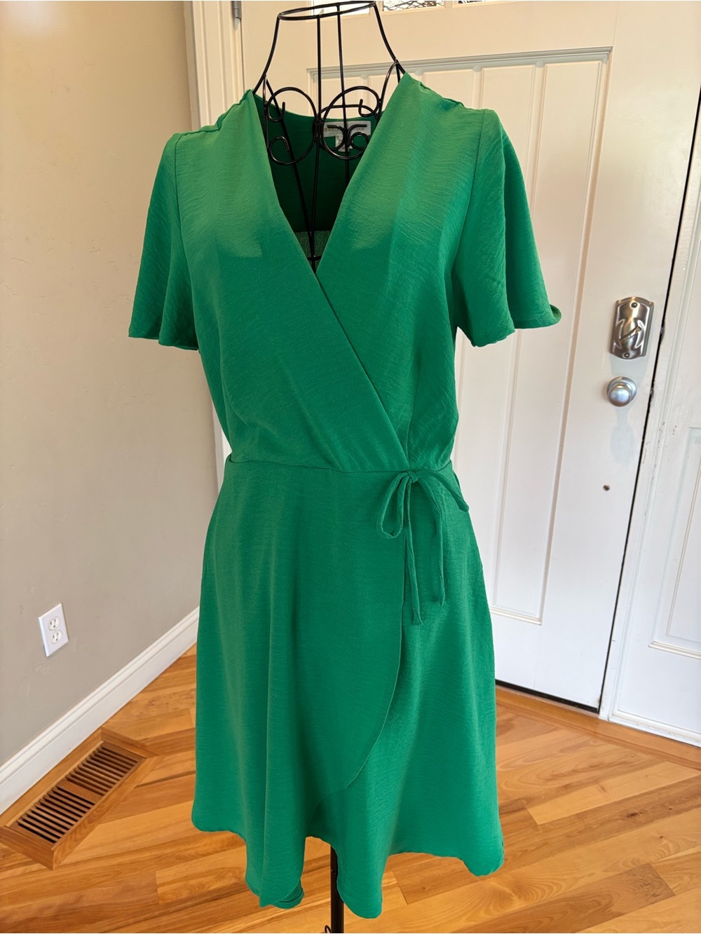 Women’s Green Wrap Mini Dress with Tie Waist - Medium